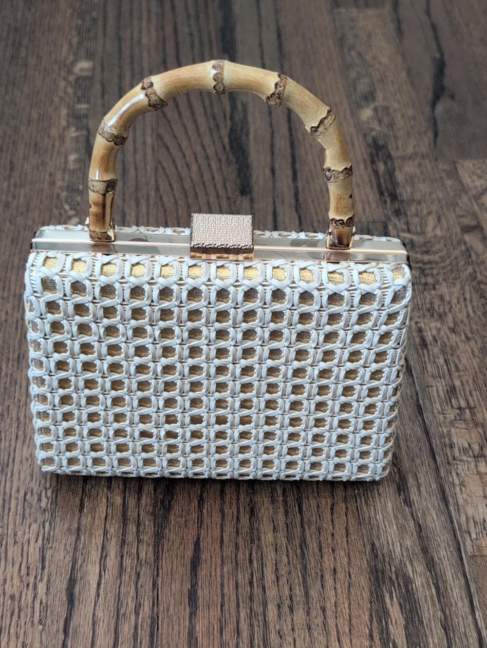 Woven Bamboo Handle Box Clutch - White